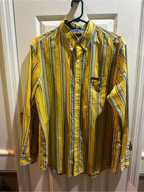 Chaps Yellow & Blue Striped Long Sleeve Button‎ Up Shirt Easy Care Large